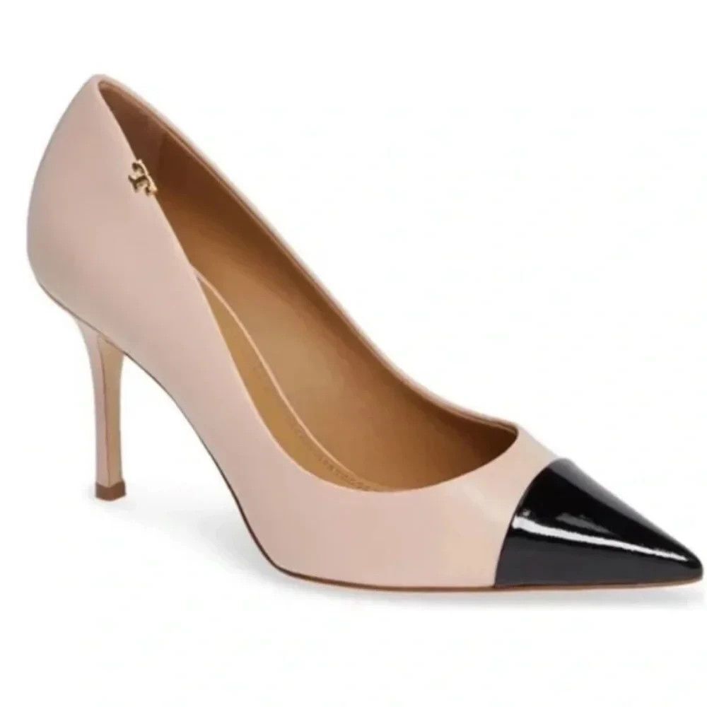 TORY BURCH "Penelope" Pink Leather Pumps with Black Patent Leather Cap Toe 7.5
